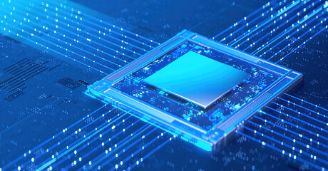 3D rendering of cyberpunk AI. Circuit board. Technology background. Central Computer Processors CPU and GPU concept. Motherboard digital chip. Tech science background.