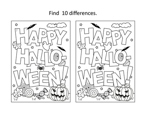 "Happy Halloween!" greeting difference game and coloring page
