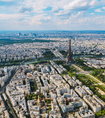 Aerial view of Tour Eiffel Tower and Seine River, Paris city attractions, France.