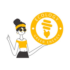 A girl holds a green energy logo in her hand. Linear style. 