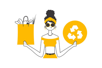 Woman, package with products and eco logo. The concept of reasonable consumption. Linear trendy style. 