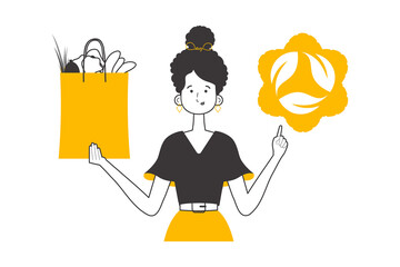 Woman, package with products and eco logo. The concept of reasonable consumption. Lineart trendy style. 