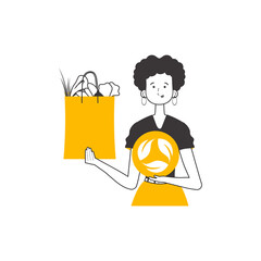 Woman, package with products and eco logo. The concept of ecological products. Linear trendy style. 