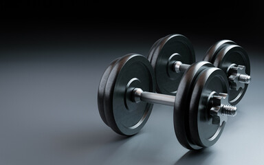 Double dumbbells, metal weight plates Silver bar axle with anti-slip grid pattern grip. Exercise equipment for the muscles of the arms and chest in the concept of weight training. 3d rendering.