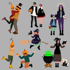 Crowd of tiny people dressed in Halloween costumes