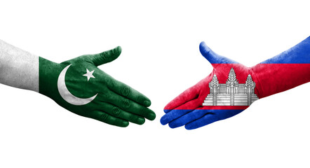 Handshake between Cambodia and Pakistan flags painted on hands, isolated transparent image.