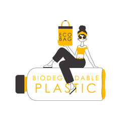 A woman holds an eco-package in her hands. Ecology conservation concept. Lineart trendy style. 