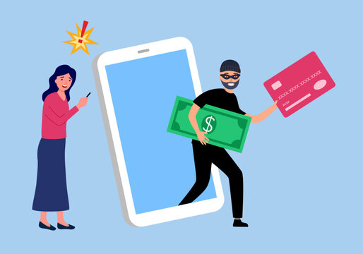 Credit Card Online Payment Scam Concept. Internet Hacker Stealing Money Cybercrime From Smartphone Payment App. Woman Panic After Money Stolen Via Mobile App.