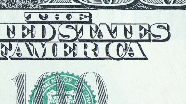 US 100 dollar stop motion animation. One hundred american dollar bill macro, close up shot. 100 USD bill money background. USD currency cash. United States money concept.