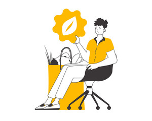 Boy, package with products and eco logo. The concept of ecological products. Lineart style. 