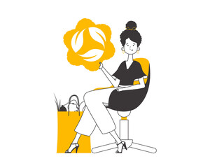 Girl, package with products and eco logo. The concept of reasonable consumption. Linear style. 