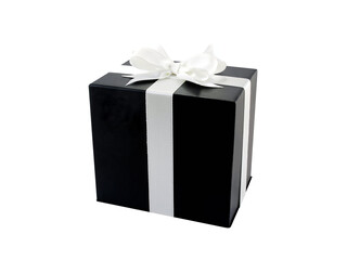 black cube cardboard gift box with white ribbon bow isolated on transparent