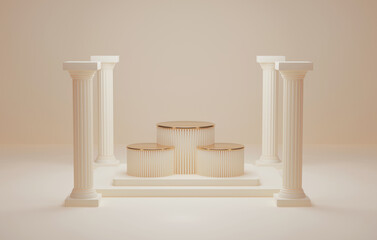 Ancient Greek style pillar three Podiums pastel cream color background