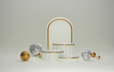 Elegant cylindrical white marble plinth and geometric round objects on abstract white background.