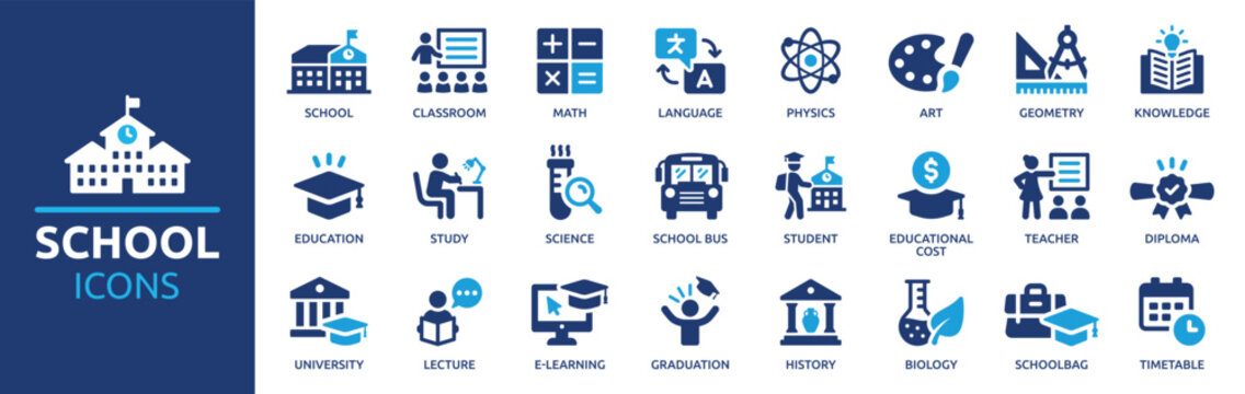 School icon set. Containing classroom, students and teacher icons. Education and knowledge symbol. Solid icons vector collection.