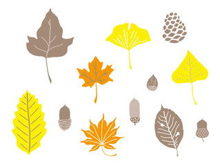 秋の落ち葉とどんぐりのイラスト（４色）