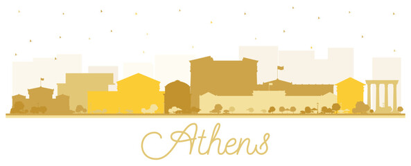 Athens Greece City Skyline Silhouette with Golden Buildings Isolated on White.