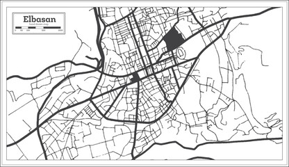 Elbasan Albania City Map in Black and White Color in Retro Style Isolated on White.