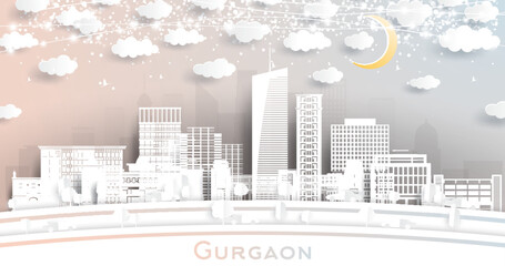 Gurgaon India City Skyline in Paper Cut Style with White Buildings, Moon and Neon Garland.