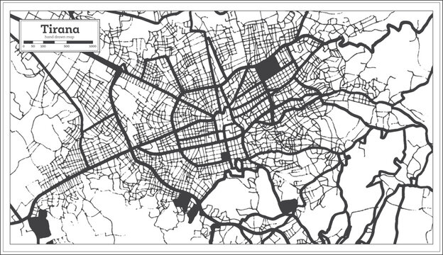Tirana Albania City Map in Black and White Color in Retro Style Isolated on White.