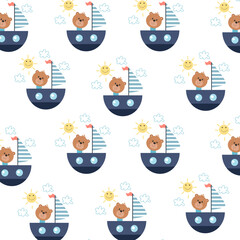 Seamless pattern with cute bears and boats perfect for wrapping paper
