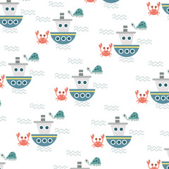 Seamless pattern with cute crabs and turtles perfect for wrapping paper