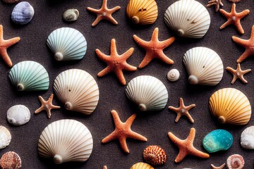 Fototapeta na wymiar Sea Shells and Sand Seamless Texture Pattern Tiled Repeatable Tessellation Background Image