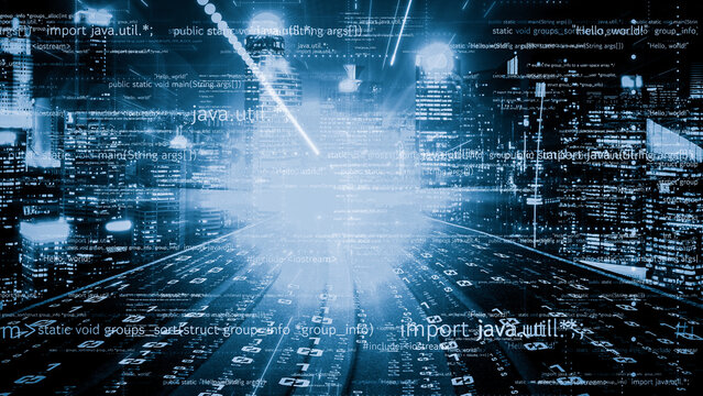 Software development, application programming code and tacit computer coding . Concept of smart digital transformation and technology disruption that changes global trends in new information era .