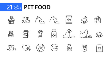 21 pet food icons. Cats and dogs eating, bowls, vegetarian diet, supply store etc. Pixel perfect, editable stroke line
