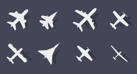 Eight aircraft of different types airplane silhouette with shadow. Passenger and military. Jet and propeller. Aircraft top view icon. Flat vector illustration isolated on dark background. © Ivan Burchak