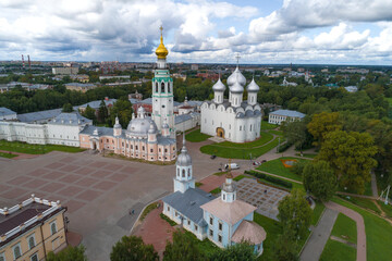 Ancient temples of the Vologda Kremlin on a cloudy August day. Vologda, Russia