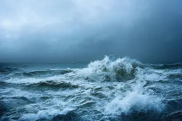 Keuken spatwand met foto sea wave during storm in the ocean with big clouds and rain. © Youk