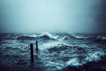 sea wave during storm in the ocean with big clouds and rain.