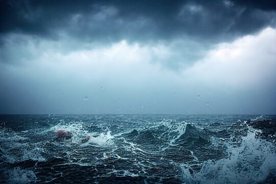 Sea Wave During Storm In The Ocean With Big Clouds And Rain.