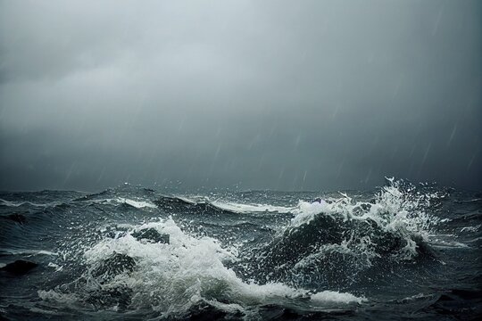 sea wave during storm in the ocean with big clouds and rain.