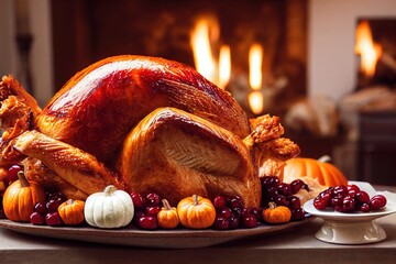 food photography of a traditional thanksgiving meal of a turkey baked with pumpkins surrounding...