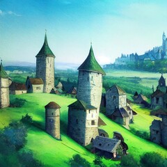 Obraz premium castle on a hill in a village landscape illustration old village years ago colourfull drawing