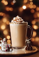 hot chocolate thanksgiving food photography photo with christmas lights and cookies and snowflakes.