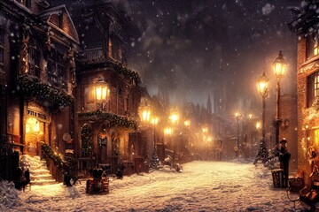 Snowy street with Christmas trees and lights.