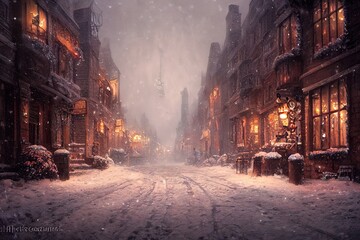 Fototapeta na wymiar Snowy street with Christmas trees and lights.