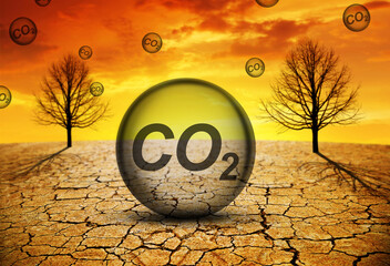 Carbon dioxide escaping from the arid cracked soil. Concept of climate change or global warming.Environmental problems. Growing CO2 in the atmosphere. 