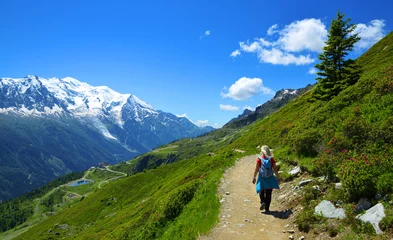 Photo sur Plexiglas Mont Blanc Turist on mountain trail in the Nature Reserve Aiguilles Rouges, Graian Alps, France, Europe.