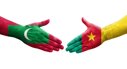 Handshake between Cameroon and Maldives flags painted on hands, isolated transparent image.