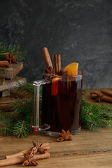 Christmas hot drink. Mulled wine. Delicious fragrant mulled wine with spices.