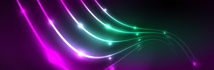 Shiny neon lights, dark abstract background with blurred magic neon light curved lines
