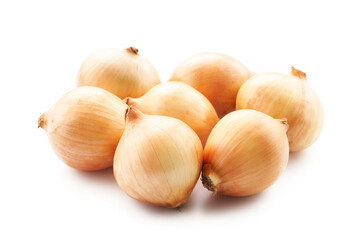 group of fresh yellow onion isolated on white food background                                                                                                      