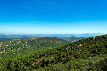 Fototapeta na wymiar Panoramic view, as seen from the top of the mountain Penteli near Athens, Greece.