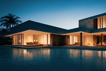 Fototapeta premium Luxury pool villa spectacular contemporary design 3D illustration digital art real estate , home, house and property