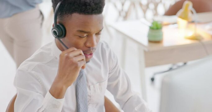 Manager help call center worker on computer with talking, communication or telemarketing deal, sales or promotion for customer. Office black woman boss support learning intern with client on tech