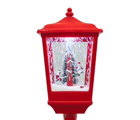 red lantern with snowmen is isolated on a white background. Winter decoration for New year and...